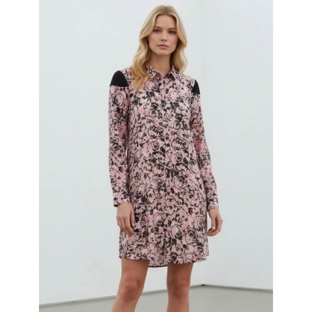 BCBGeneration Pink Black Floral Long Sleeve Shirt Dress Mini Size M
